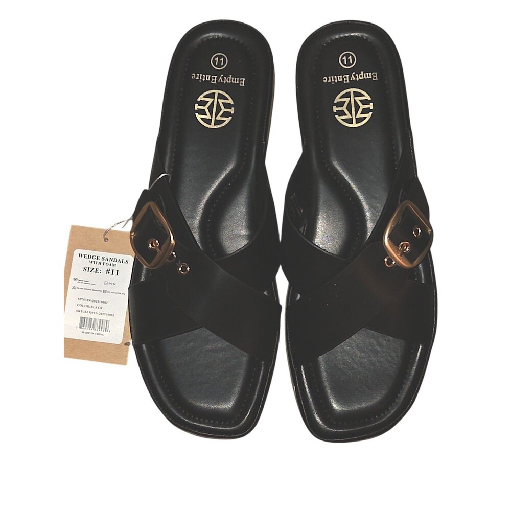 Women's Soild Black Sandals with Buckle Platform Soft Sole Wedge Outdoor Slides